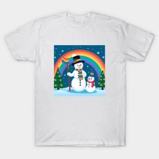 Two cute snowman, rainbow in the snow T-Shirt